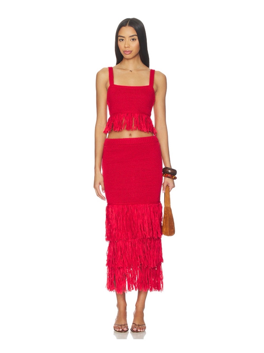 NWT $297 Revolve Saylor Set Red Midi Unlined Skirt With Fitted Crop top Size M
